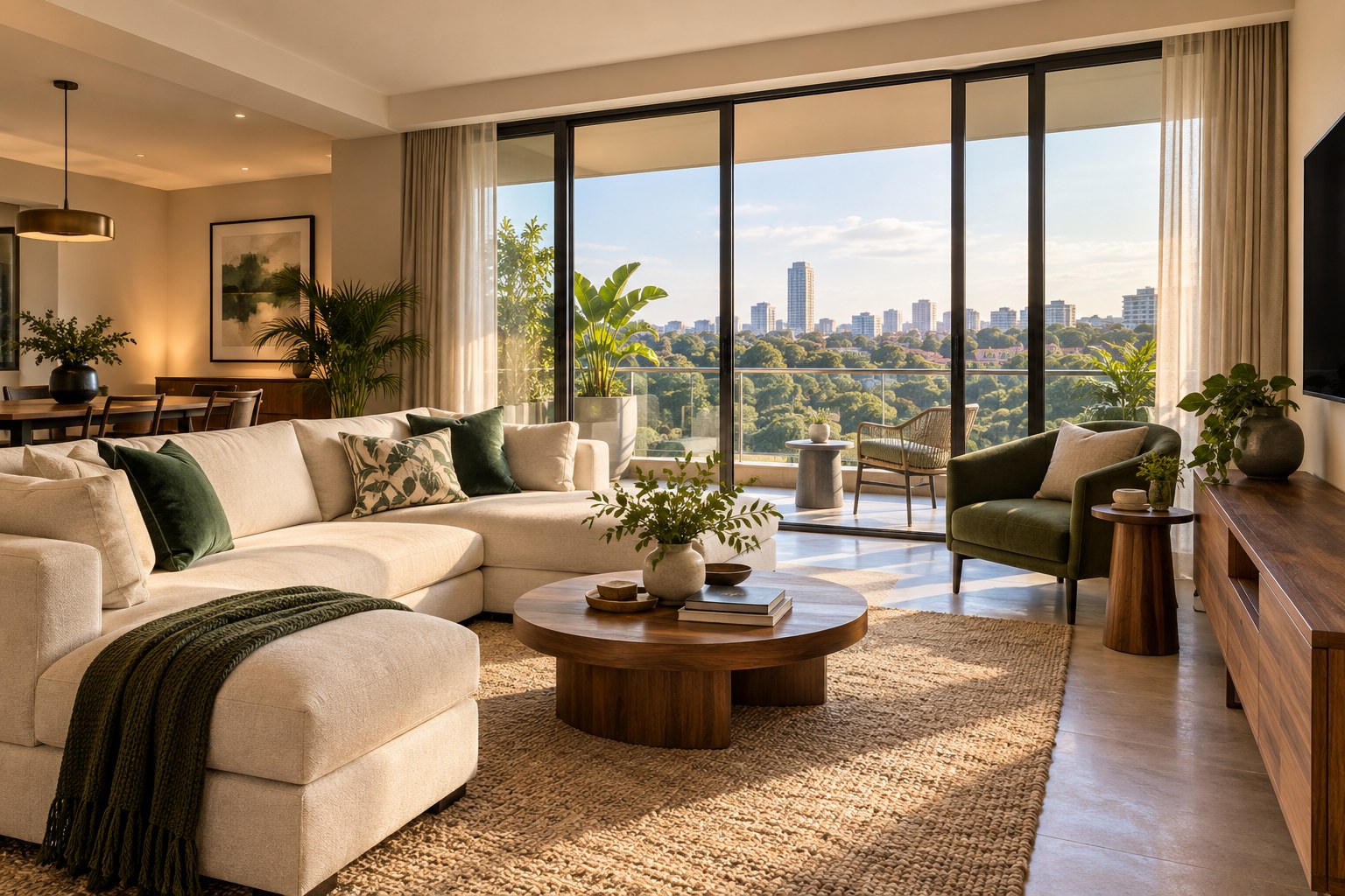 Illustrative modern apartment interior with natural light
